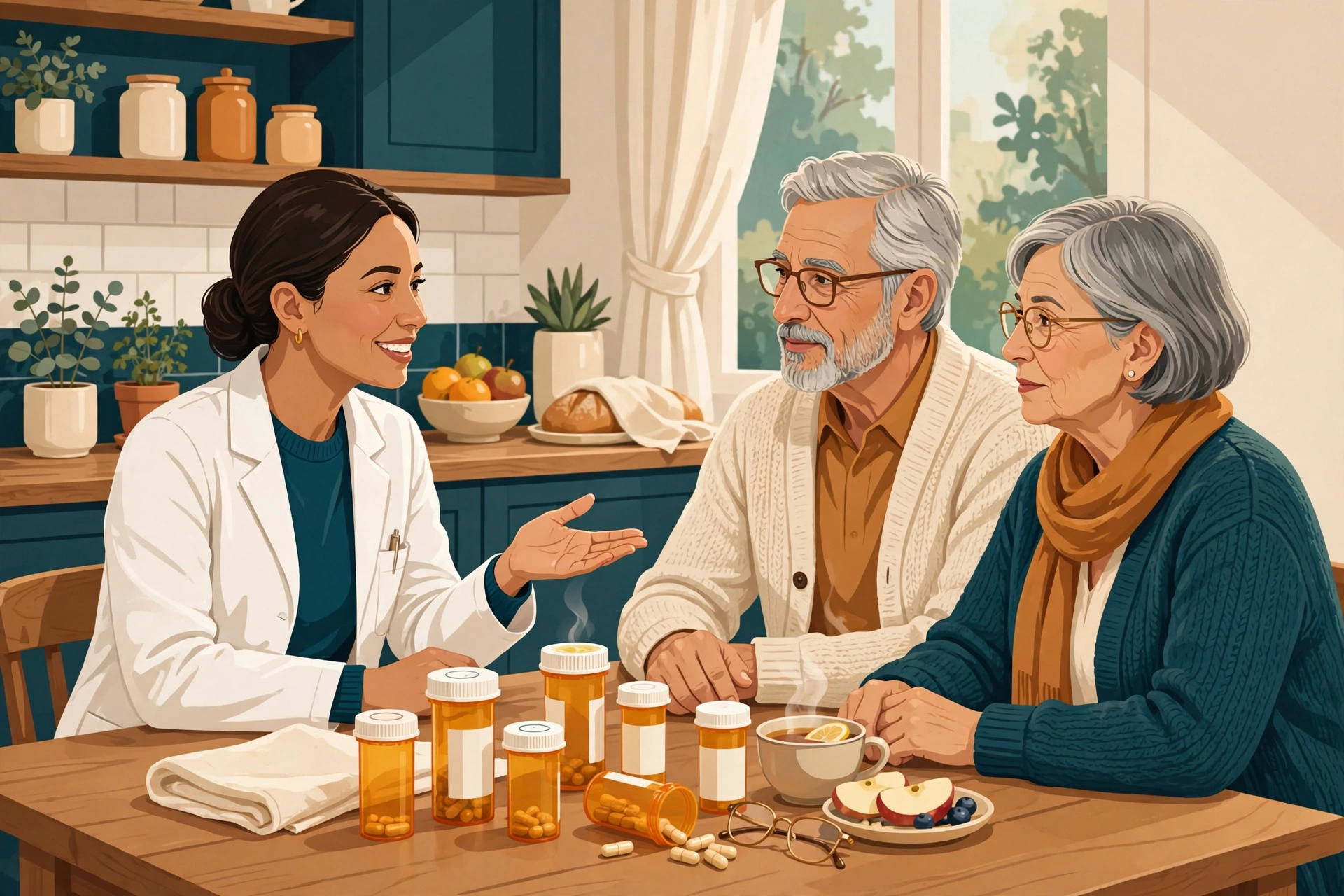 Illustration of a pharmacist reviewing prescription bottles with an older couple at their kitchen table