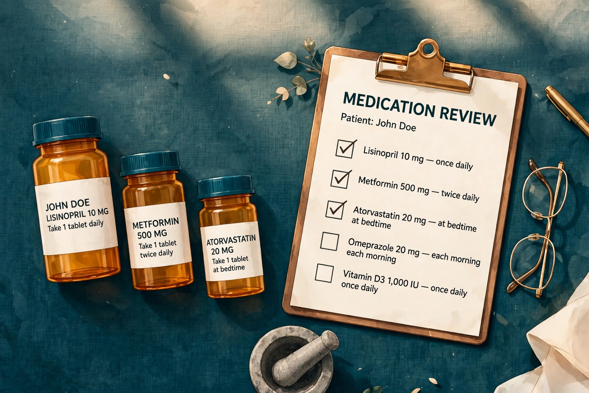 Illustration of labeled prescription bottles beside a medication review checklist for a sample patient, John Doe, listing each medication with its strength and dosing schedule